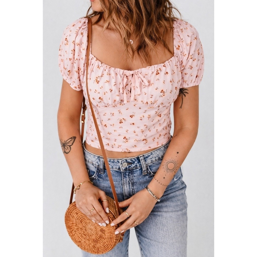 Billabong Pink Floral Puff Sleeve Smocked Crop Top Small Cottagecore Coquette